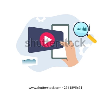 Video marketing content analysis concept. Digital video marketing analytics and statistics. Video analysis vector illustration isolated on white background with icons.