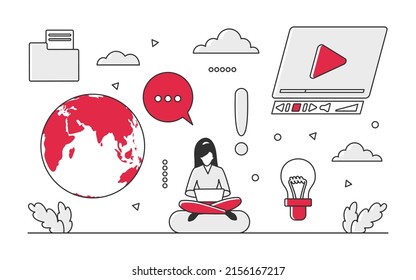 Video marketing content media. Clip advertising production campaign vector monocolor illustration