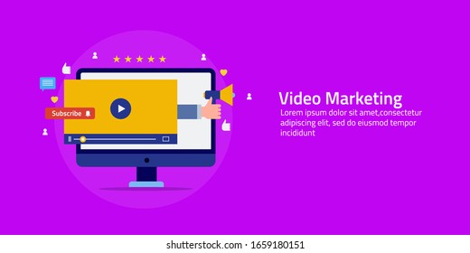 Video marketing, Digital advertising, Video content, Social media marketing - vector illustration with icons and texts