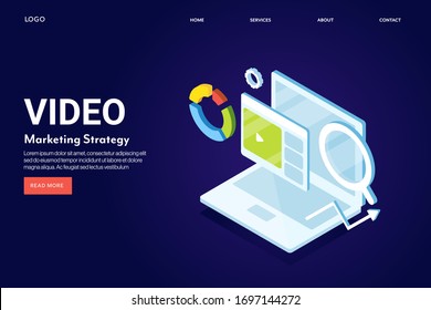 Video marketing, Digital content, Social media video, Video SEO - conceptual 3D isometric vector landing page template