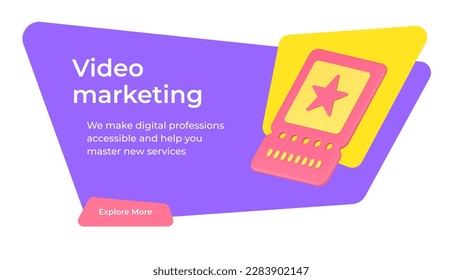 Video marketing digital internet promo optimization portable memory card information storage social media banner 3d icon vector illustration. Internet multimedia content virtual technology management