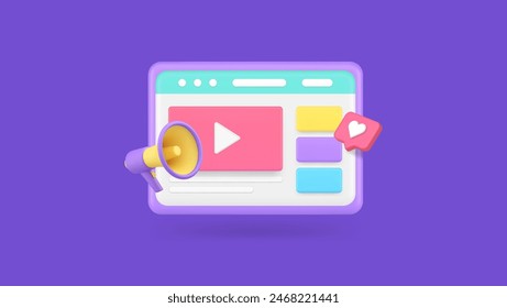 Video marketing digital multimedia content advertising web internet browser 3d icon realistic vector illustration. Cyberspace business information online broadcast vlog blog social media network promo