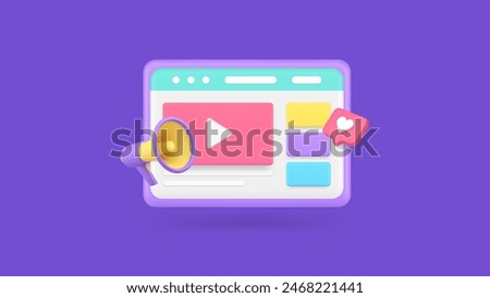 Video marketing digital multimedia content advertising web internet browser 3d icon realistic vector illustration. Cyberspace business information online broadcast vlog blog social media network promo