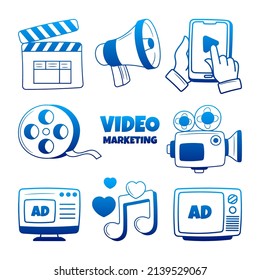 Elemento de marketing de vídeo establecido con el estilo de doodle de esquema dibujado a mano