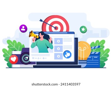 Video marketing flat illustration, social media campaign, e-commerce, influencer marketing, blogger, promotion, Digital marketing concept for ui, web design, landing page, web banner, mobile app