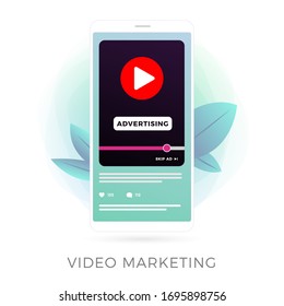 Video Marketing flat vector icon. Digital Advertising with online broadcasting and streaming video content, business concept. Ads media on mobile smartphone screen isolated on white background