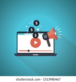 Video marketing icon concept. Making money from video with social network communication. Blue Theme Concept.
