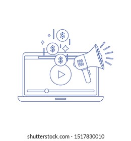 Video marketing icon concept. Making money from video with social network communication. Advertising webinar icon. Vector flat illustration for web banner. Concept of line icon