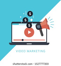 Video marketing icon concept. Making money from video with social network communication. Advertising webinar icon. Vector flat illustration for web banner. Concept of line icon