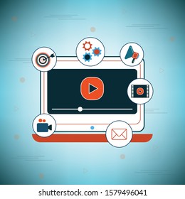 Video marketing icon concept. Making money from video with social network communication. Advertising webinar icon.