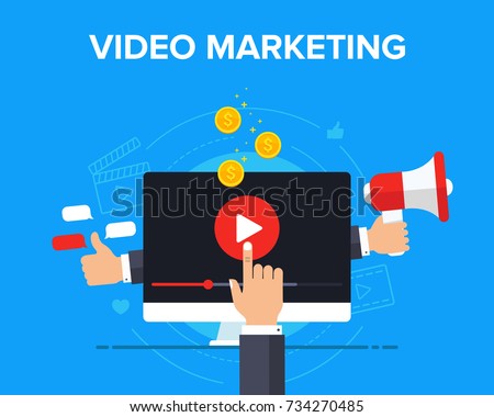 Video marketing icon concept. Making money from video with social network communication. Advertising webinar icon. Vector flat illustration for web banner, infographics, hero images