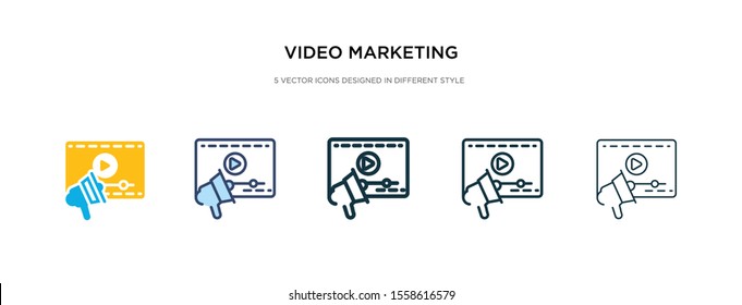 video marketing icon in different style vector illustration. two colored and black video marketing vector icons designed in filled, outline, line and stroke style can be used for web, mobile, ui