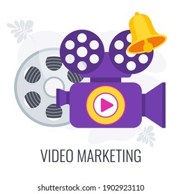Video marketing icon. Digital marketing. Selling goods and services online using video content. Internet promotion. Mobile adds. Flat vector illustration.