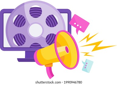 Video marketing icon. Digital marketing. Selling goods and services online using video content. Internet promotion. Mobile adds. Flat vector illustration.
