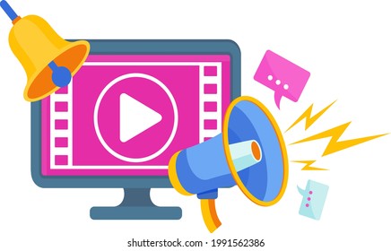 Video marketing icon. Digital marketing. Selling goods and services online using video content. Internet promotion. Mobile adds. Flat vector illustration.