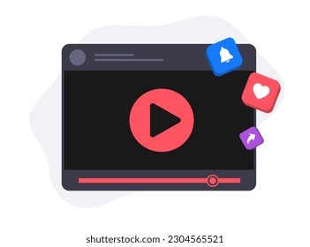 Video marketing illustration features press bell, like and share icons. It showcases how video content can be monetized with social network and digital video advertising isolated on white background