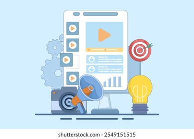 Video marketing influencer concept. Award winning advertisement, film business. Video promotion. Social media strategy, internet advertising. Flat design landing page website illustration.