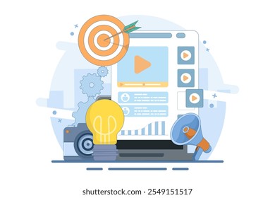 Video marketing influencer concept. Award winning advertisement, film business. Video promotion. Social media strategy, internet advertising. Flat design landing page website illustration.