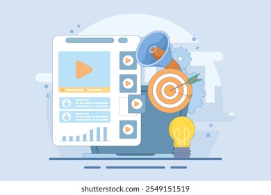 Video marketing influencer concept. Award winning advertisement, film business. Video promotion. Social media strategy, internet advertising. Flat design landing page website illustration.