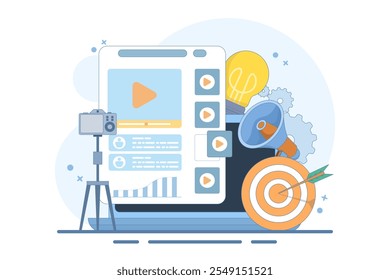 Video marketing influencer concept. Award winning advertisement, film business. Video promotion. Social media strategy, internet advertising. Flat design landing page website illustration.