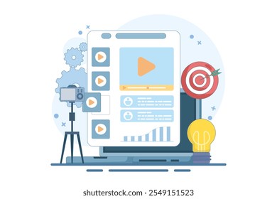 Video marketing influencer concept. Award winning advertisement, film business. Video promotion. Social media strategy, internet advertising. Flat design landing page website illustration.