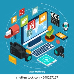 Video Marketing Isometric Concept With 3d Computer And Digital Icons Set Vector Illustration