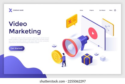 Video Marketing isometric landing page template. Engage new customers with visual advertisement. Promotional agency business website design. 3d creative vector illustration for web page development