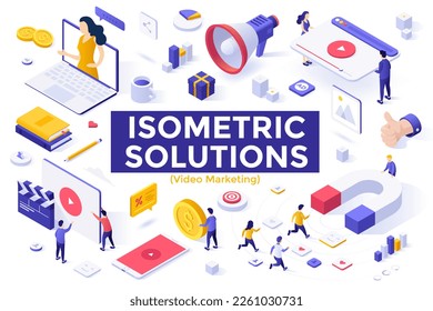 Colección de elementos de soluciones isométricas de Video Marketing. Creación de contenido para la promoción de empresas Iv 3d ilustraciones vectoriales. Involucrar a la audiencia con métodos modernos. Canal de publicidad efectivo