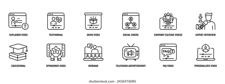 Video Marketing Line Icon Set: Explainer, Video, Testimonial, Demo, Social, FAQ, Strategy. Editable Stroke.