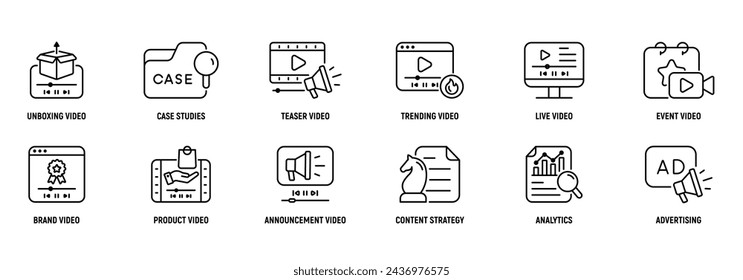 Video Marketing Line Icon Set: Unboxing, Case, Studies, Teaser, Brand,  Product, Strategy. Editable Stroke.