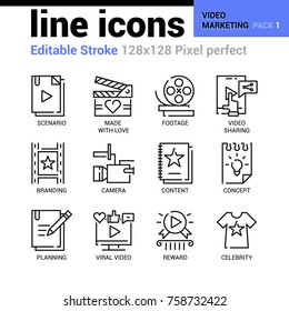 Video Marketing line icons - Editable Stroke, Pixel perfect thin line vector icons for web design and website application. Suitable for print, symbols, apps, infographics.