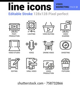 Video Marketing line icons - Editable Stroke, Pixel perfect thin line vector icons for web design and website application. Suitable for print, symbols, apps, infographics.