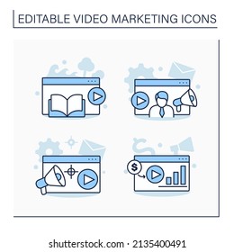 Video marketing line icons set. Goals, ROI, narrative video, specialist. Content management concept. Isolated vector illustrations. Editable stroke
