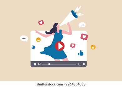 Comercialización de video, transmisión en vivo o clip de medios para promover marca, publicidad influyente, marketing de contenido o concepto de campaña digital en línea, confianza de la belleza mujer con megáfono en reproductor de video.