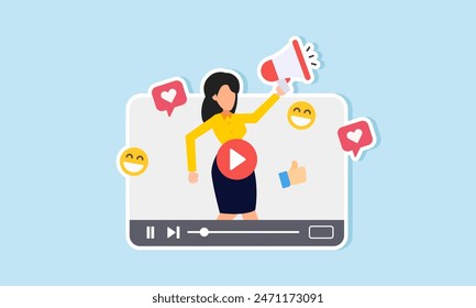 Video Video marketing: transmisiones en directo, anuncios de influencers y campañas digitales para promocionar marcas, concepto de mujer segura de sí misma utiliza un megáfono en