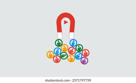 Video marketing, magnet attracts new viewers, flat color illustration, advertising banner concept