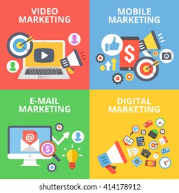 Video marketing, mobile marketing, e-mail marketing, digital marketing flat illustration concepts set. Creative flat design for web banners, web sites, infographics. Flat vector illustrations