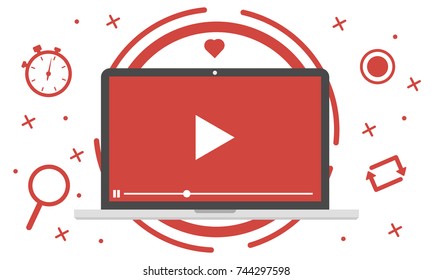 Video marketing - modern video player interface on laptop. Flat design concept with icons. Vector illustration 