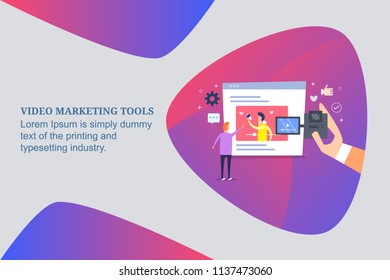Video marketing on internet,man promoting video, flat design vector cartoon with character and icons