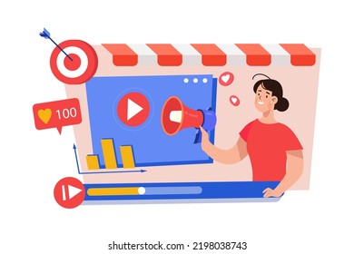 Video marketing on social media and promotion advertisement Illustration concept on white background