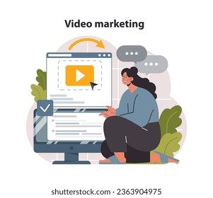 Video marketing. Online advertising on streaming vlog. E-commerce, selling products on social media. Online video store or infomercial. Brand or product advertising content. Flat vector illustration