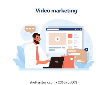 Video marketing. Online advertising on streaming vlog. E-commerce, selling products on social media. Online video store or infomercial. Brand or product advertising content. Flat vector illustration