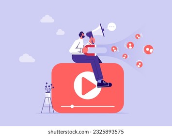 Video marketing online concept, businessman leader working with viral content using magnets and megaphone to advertising customer