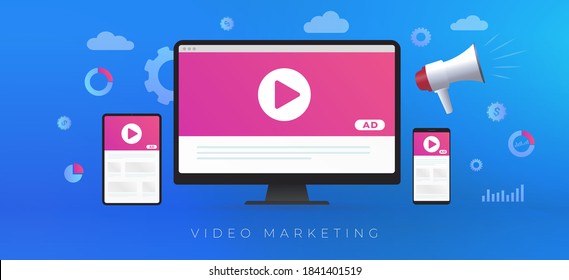 Video Marketing, Online Digital Media Video Marketing Advertising Business Concept. Digital Video Marketing With Online Broadcasting And Streaming Content. Ad Videos On Desktop, Laptop, Tablet, Phone