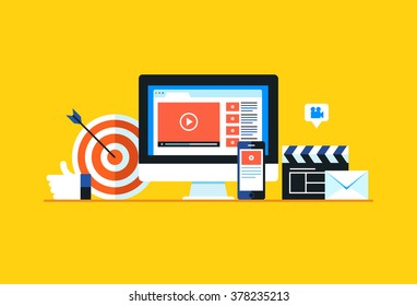 Video marketing, Online video. Flat design modern vector illustration concept.