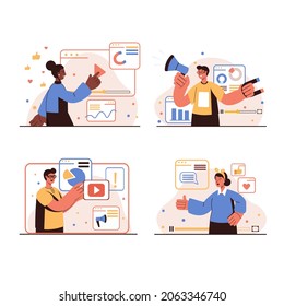 Video marketing people concept isolated scenes set. Men and women create advertising video content, analyze data, attract new audience, online promotion business. Vector illustration in flat design