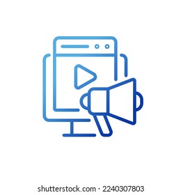 Video marketing pixel perfect gradient linear vector icon. Reach customers with multimedia content. Online advertising. Thin line color symbol. Modern style pictogram. Vector isolated outline drawing