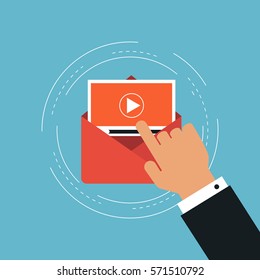 Video marketing and promotion flat vector illustration design. Online promotion, digital marketing, advertising, video tutorials, online training and courses. Design for web banners and apps