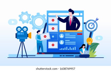 Video marketing promotion online, campaign strategy, viral, business landing page website illustration flat vector template 