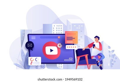 Video marketing scene. Man creates content, huge computer screen with play button. Promotion, seo optimization, business strategy concept. Vector illustration of people characters in flat design